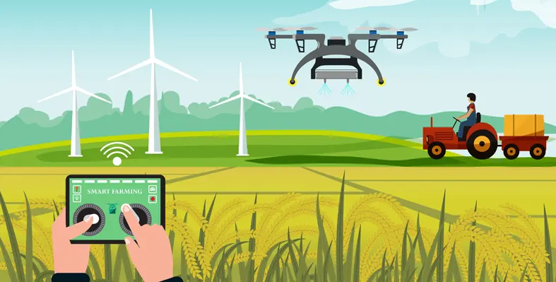 Depiction of agri robots and GPS technology in agriculture