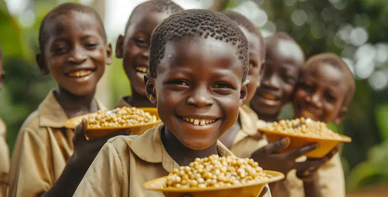 African children holding bowls of food in their hands