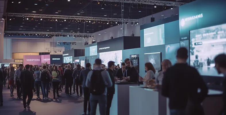 Visitors looking at stands at a conference.