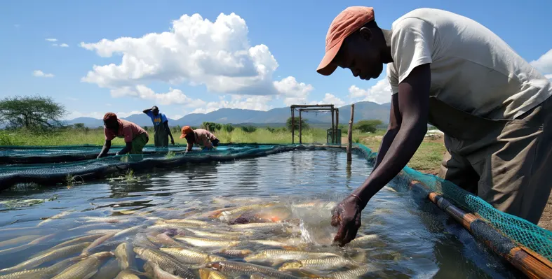 African fishermen working together at a tilapia farm