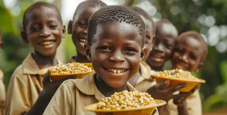African children holding bowls of food in their hands